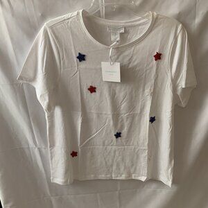 CYNTHIA ROWLEY Patriotic Beaded Stars Tee in White Sz LARGE
